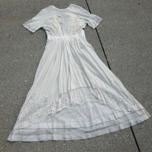 Dresses & Skirts - Antique 1900s Edwardian White Cotton Lawn Tea Dress Lace  Gown Hi-Low Victorian